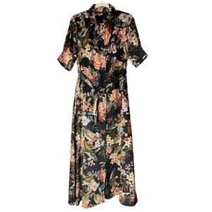 T3 TRY ME Floral Print Maxi Shirt‎ Dress Black Pink Orange Green Belted Size S